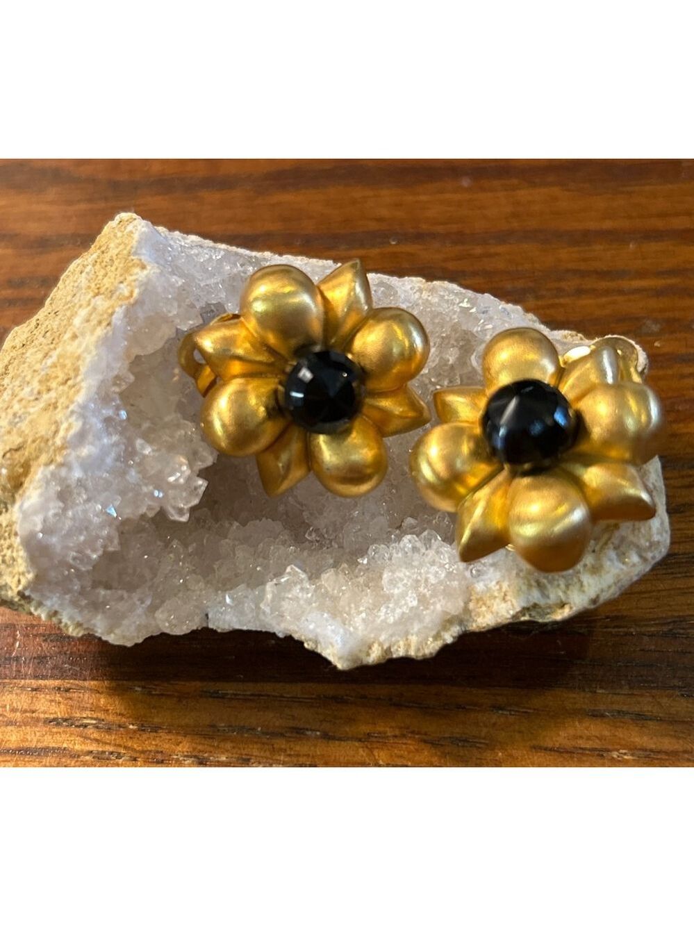 Unbranded Flower Clip-On Earrings Gold/Black One Size